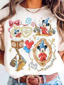 Disney Women''S Fantasia & Minnie Mouse T-Shirt - Officially Inspired Vintage Coquette Bow & Fantasia Sorcerer Design, Soft Crew Neck All-Season Casual Tee With Durable Print, Perfect Birthday Gift For Adults, Family Trip & Themed Party Apparel (Officially Licensed) - Playful & Minnie Mouse Graphics, Comfortable Casual Attire, Ideal For Fans & Special Occasions, Elegant Party Wear With Vibrant Fantasia-Inspired Print, Teacher T Shirt For Women - trắng - Xem 1