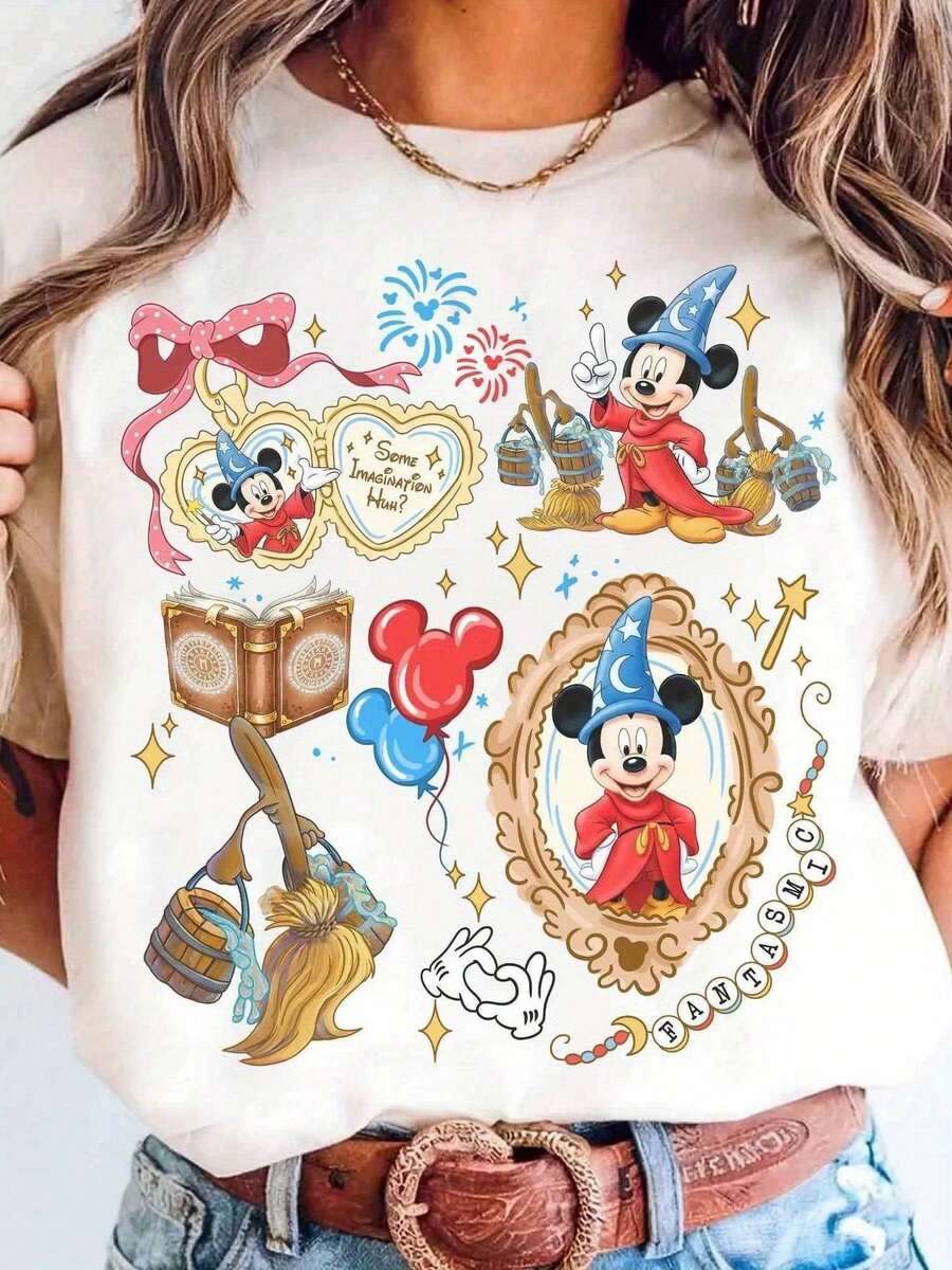 Disney Women''S Fantasia & Minnie Mouse T-Shirt - Officially Inspired Vintage Coquette Bow & Fantasia Sorcerer Design, Soft Crew Neck All-Season Casual Tee With Durable Print, Perfect Birthday Gift For Adults, Family Trip & Themed Party Apparel (Officially Licensed) - Playful & Minnie Mouse Graphics, Comfortable Casual Attire, Ideal For Fans & Special Occasions, Elegant Party Wear With Vibrant Fantasia-Inspired Print, Teacher T Shirt For Women - trắng - Xem 1