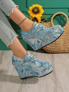Fashion Platform Lace-Up New Minimalist Spring/Autumn Outdoor Plus Size Women's Wedge Heel Thick Bottom Pumps (Shoes Run Small By 1 Size) - Màu xanh lam - Xem 2