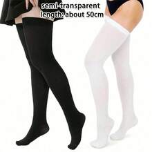 1Pairs Solid Color Plus Size Thigh Socks, Thin And Sexy JK School Style Long Tube Socks, Knee Length Socks, High Tube Slim Fit Versatile Socks Suitable For Daily Wear - 白色 - 查看 2