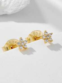 1 Pair S925 Sterling Silver Flower Earrings, Minimalist Fashionable Petite Star Stud Earrings With Diamonds For Women - Yellow - View 3