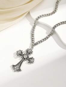 1pc European And American Punk Retro Cross Glass Pendant Necklace, Creative High-End Choker Necklace Suitable For Women's Daily Wear - Multicolor - View 3