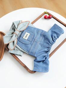 1pc Pet Clothes, Cute 4-Leg Outfit, Durable & Washable Apparel For Small/Medium Dogs, Bow Tie Collar & Suspender Pants - Blue - View 5