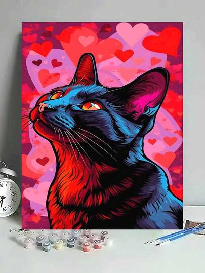 彩色猫咪与爱心 DIY 数字油画帆布画工艺品 成人家居装饰 40x50厘米/16x20英寸 节日礼物