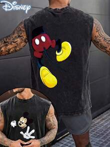Disney Official Licensed Mickey Body Parts Unisex Acid Wash Sleeveless T-Shirt, Mickey Body Parts Graphic Tank Top, 230g Heavyweight Cotton Blend, Casual Vacation Top, Breathable Summer Wear - 黑色 - 查看 1