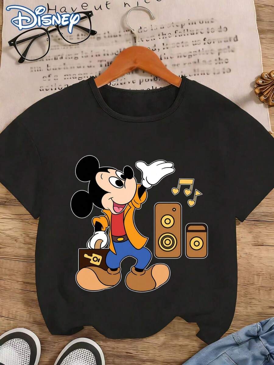 Estampado clásico y peculiar de Mickey Mouse con agujeros en la parte delantera y trasera, un diseño de dibujos animados divertido, camiseta de cuello redondo para mujer suave y agradable para la piel, una nueva camiseta de primavera/verano, recomendada para fanáticos de Disney, lavable a máquina. - Negro - Ver 1