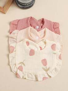 3/4pcs Baby Rose & Tulip Print Bibs With Ruffle Trim, Solid Color Soft Drool Bibs - Multicolor - View 12