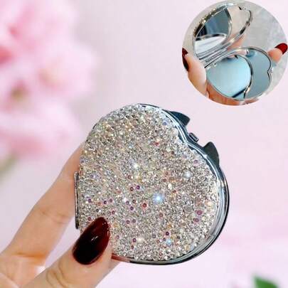 1个创意高清化妆镜，高性价比闪亮人造水钻双面折叠镜，家用梳妆镜，便携式口袋镜，礼品