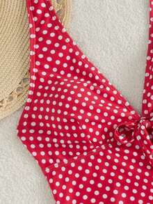 女士复古波点印花连体泳衣，显瘦设计，可搭配高腰短裤组成两件套泳衣，适合度假海滩夏季穿着。 - 彩色 - 查看 5