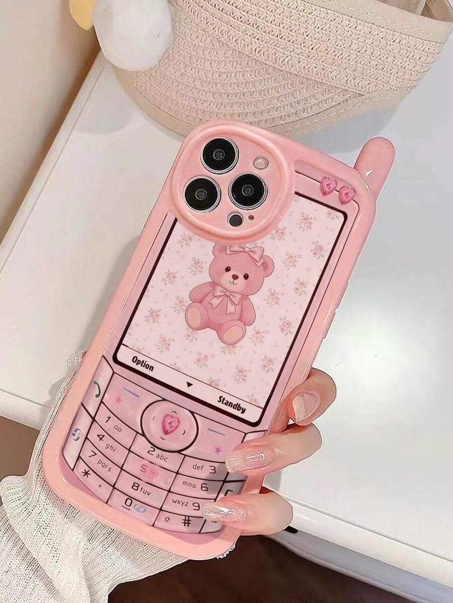 1pc New Personalized Big Boss Pink Ditsy Floral Bear Painted Anti-Drop Phone Case, Glossy Painted Soft Shell Protective Phone Case Compatible With IPhone 17pro/17Air /17/17promax 16/11/16pro/16plus/16promax/16e/15Promax/13/14/12/XS/XR/7G/8P3, 14, 11, P12, XS - Multicolor - View 1
