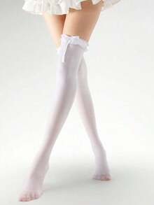 1 Pair Bow Lace Over-The-Knee Socks – Y2K Style Thigh High Socks, Perfect For Mini Skirts, Cute Kawaii Hosiery - 黑色 - 查看 11