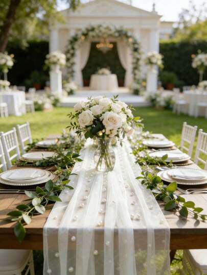 1pc Pearl Decor Table Runner With Fairy Lights, White Pearl Mesh Wedding Tablecloth, New Hollow Pearl Net Romantic Bridal Tablecloth, Dessert Table Cloth, Bohemian Style, Chiffon Fabric, Pearl Lace, Outdoor Lawn Wedding Arch Decor, Party Decor Tablecloth, Pearl Table Runner With Fairy Lights, Wedding Centerpiece Table Decor