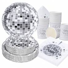 迪斯科球图案一次性餐具套装，7/9英寸派对餐盘，一次性纸盘，餐巾纸，纸杯，适用于节日、婚礼、订婚、生日、派对、庆祝活动 - 多色 - 查看 3