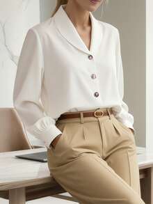 HOMEYEE New Arrival Solid Color Retro Single-Breasted V-Neck Long Sleeve Casual Shirt, Office & Business Wear For Women White - White - View 3
