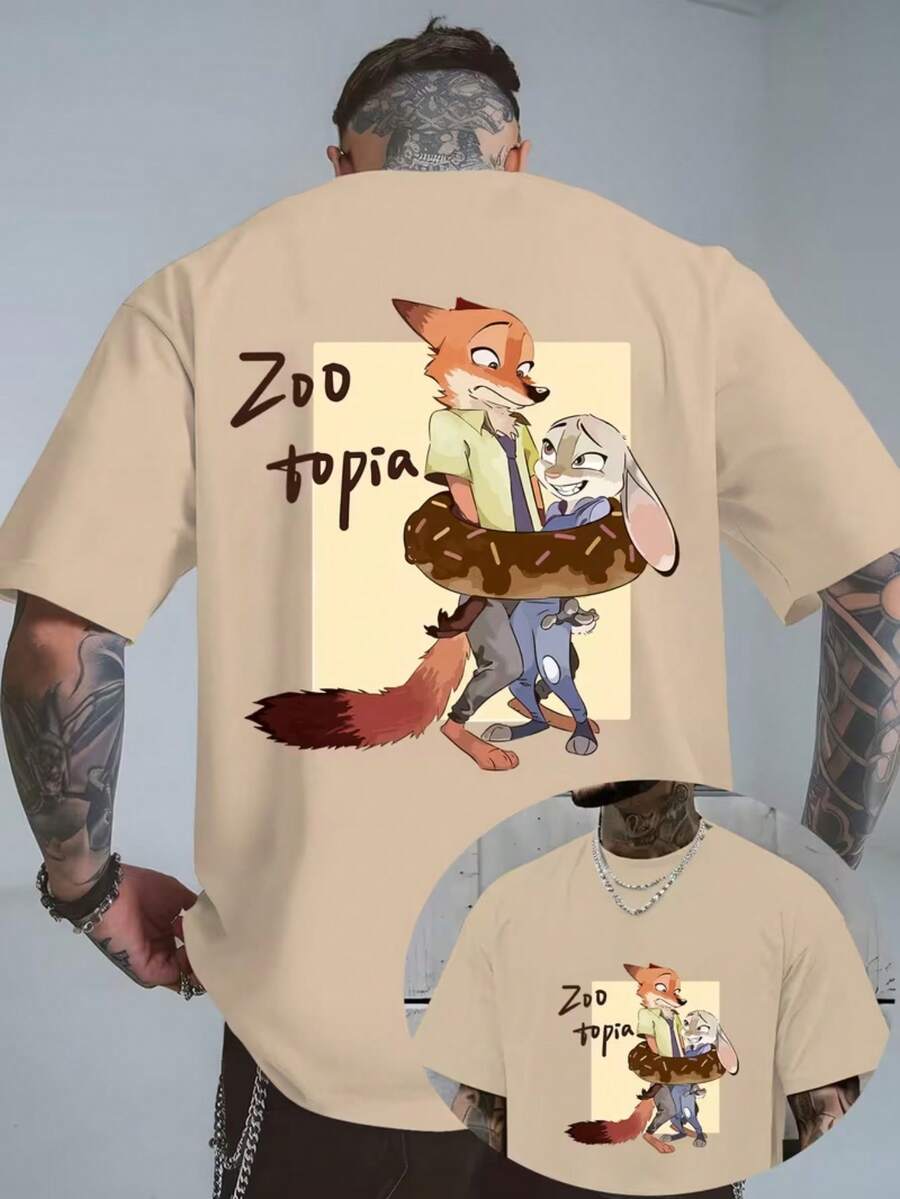 Men'S Fashion Disney - "Zootopia" Sweet Donut Judy And Nick Printed T-Shirt Bottom Shirt Versatile Clothes Summer Men'S Wear - Apricot - View 1