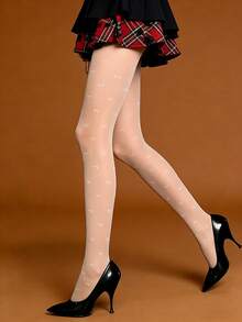 1双白色透明连裤袜，白色蝴蝶结提花性感同色系缎带图案，日常穿着 - 彩色 - 查看 2