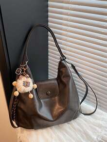Large Capacity Retro Women's Shoulder Bag, Suitable For Shopping And Parties, Versatile Shoulder/Hand/Backpack Bag, Multiple Colors Available, Comes With Cute Plush Charm - Coffee - View 7