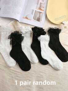 5 Pairs Random Women's Bow, Ruffle, Floral Lace Trim Thin White & Black Mid-Calf Socks, Soft Comfortable Minimalist Lace Socks, Suitable For Daily & Outdoor Wear Women Hosiery Christmas Gift - Black and White - View 4