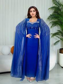 Elegant Sparkling Rhinestone Women's Extra Long Sleeve Long Dress Birthday Party Graduation Prom - Blue - View 1