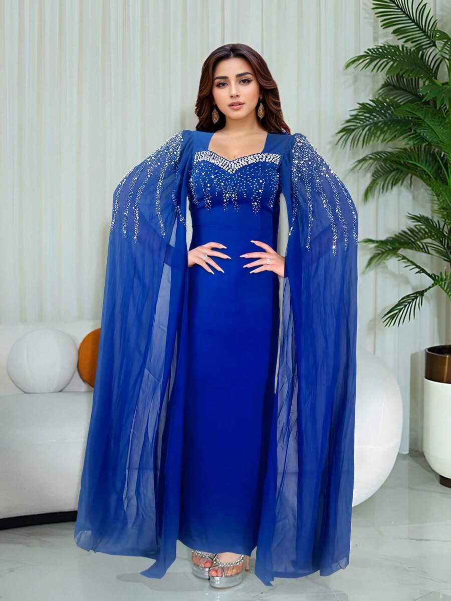 Elegant Sparkling Rhinestone Women's Extra Long Sleeve Long Dress Birthday Party Graduation Prom - Blue - View 1