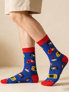1 双男士蓝红撞色电子游戏图案中筒袜，四季皆宜。 - 彩色 - 查看 4