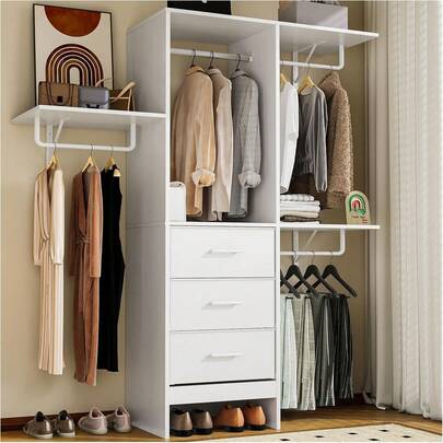 Closet,Closet Armables para Ropa,Ropero Closets,Perchero para Ropa con 3 Cajones de Tela ,con 4 Estantes Abiertos,Amplio Armario Abierto.144 * 192 * 40 CM. (Blanco)