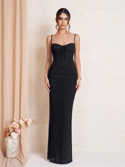 Elegant Women's Long Black Backless Spaghetti Strap Mesh Fabric Dress With Contrast Lace And Boned Details For Party Wear Wedding Spring