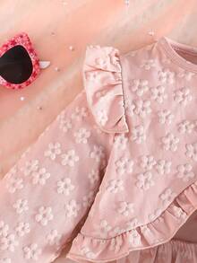 2件套少女优雅时尚甜美女士风格雪花图案开衫外套和领结网纱连衣裙套装 - 粉色 - 查看 7