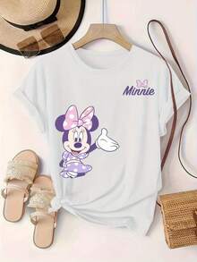 Disney Popular Minnie Mouse Print Women's Casual Fashion Round Neck Short-Sleeved T-Shirt, Girls' Personalized SportswearMade From Soft, Comfortable, And Durable Pure Cotton, This Is An Ideal Choice For Spring And Summer. This Crew Neck T-Shirt Is Suitable For Various Occasions, Including Everyday Wear, Shopping, Parties, Travel, And Gatherings, And Also Makes A Thoughtful Gift. - White - View 1