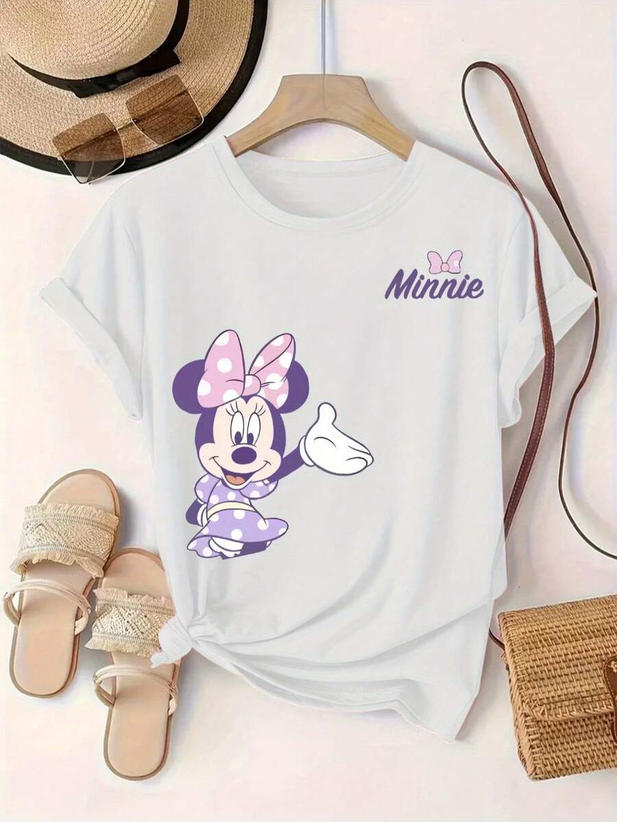 Disney Popular Minnie Mouse Print Women's Casual Fashion Round Neck Short-Sleeved T-Shirt, Girls' Personalized SportswearMade From Soft, Comfortable, And Durable Pure Cotton, This Is An Ideal Choice For Spring And Summer. This Crew Neck T-Shirt Is Suitable For Various Occasions, Including Everyday Wear, Shopping, Parties, Travel, And Gatherings, And Also Makes A Thoughtful Gift. - White - View 1
