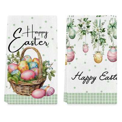 2pcs Easter Dishcloths, Colorful Eggs And Basket Green Plaid Kitchen Towels, Seasonal Spring Decor Hand Towels, Tea Towels For Kitchen Decoration, Suitable For Drying Hands And Cooking, Machine Washable, Modern Farmhouse Style