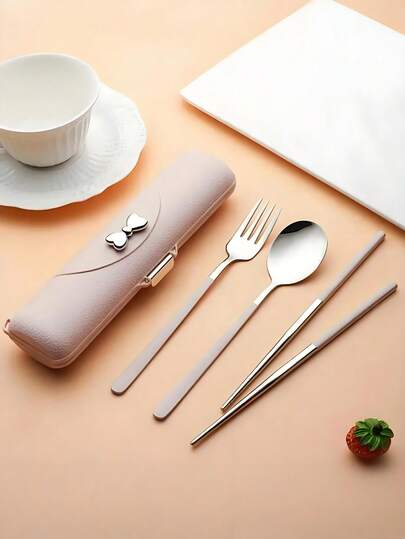 Juego de cubiertos portátil con moño, que incluye cuchara, tenedor, palillos y caja de almacenamiento, hermoso juego de utensilios de viaje, elegante y práctico, con caja de almacenamiento, adecuado para camping, viajes, escuela, oficina