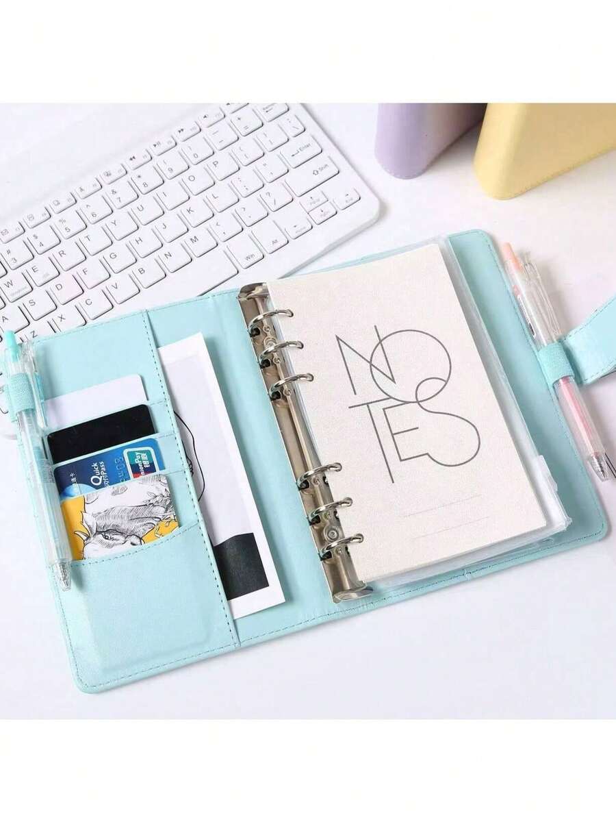 1pc A6 Budget Binder With Cash Envelope. Cash Savings Notebook Budget Planner PU Leather Loose Leaf Binder With 2 A6 Binder Pockets, Cash Envelope Holder - Multicolor - View 1