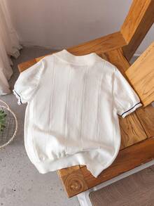 Boys' School Style Lyocell Solid Color Polo Shirt Short Sleeve Sweater Thin Knit Half-Zip Cardigan, Suitable For School, Everyday Wear, Spring, Summer, Autumn - White - View 2