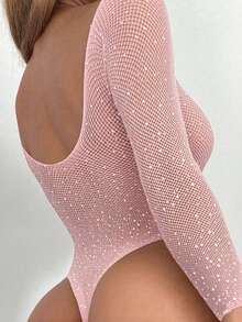 Sexy Lingerie Women's Sheer Mesh Teddy Jumpsuit, Sparkling Sequin & Rhinestone Fishnet Jumpsuit, Tight Fitting Top - Pink - View 2