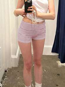 阳光少女风夏季女士Y2K性感条纹针织直筒短裤，可折叠腰带，粉色裤子，非常适合海滩、街头约会和休闲居家穿着。 - 粉色 - 查看 3