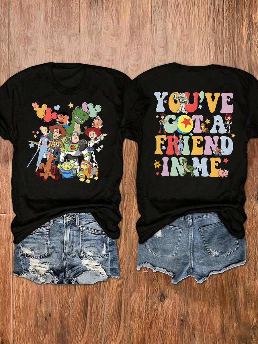 Disney Loose Edition Toy Story "You've Got A Friend In Me" Front And Back Printed T-Shirt, Suitable For Summer And Spring, Short Sleeved Tops, Women's Clothing, Holiday Gift Party Clothing. - 黑色 - 查看 1