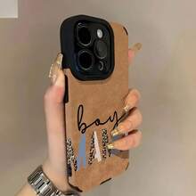 Funda para Diseño de Estampado de Leopardo y Texto "Boy Mom" en Cuero Sintético -Compatible para iPhone17air 1716promax, 16 15pro 14 15PLUS 13 12Pro 11 Pro Max X XSMAX - Marrón - Ver 2