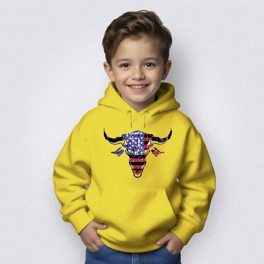 Kids' Kangaroo Hoodie Sweatshirt With Bull Print - USA Agro Country Shopping - 24-Hour Shipping - 黃色 - 查看 1