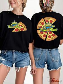Disney Toy Story Three-Eyed Alien Pizza Planet Double-Sided Print, Disney Pizza-Themed Women'S T-Shirt, New Summer Top, Machine Washable, Made Of 100%, Perfect For Party Outfits - Black - View 1