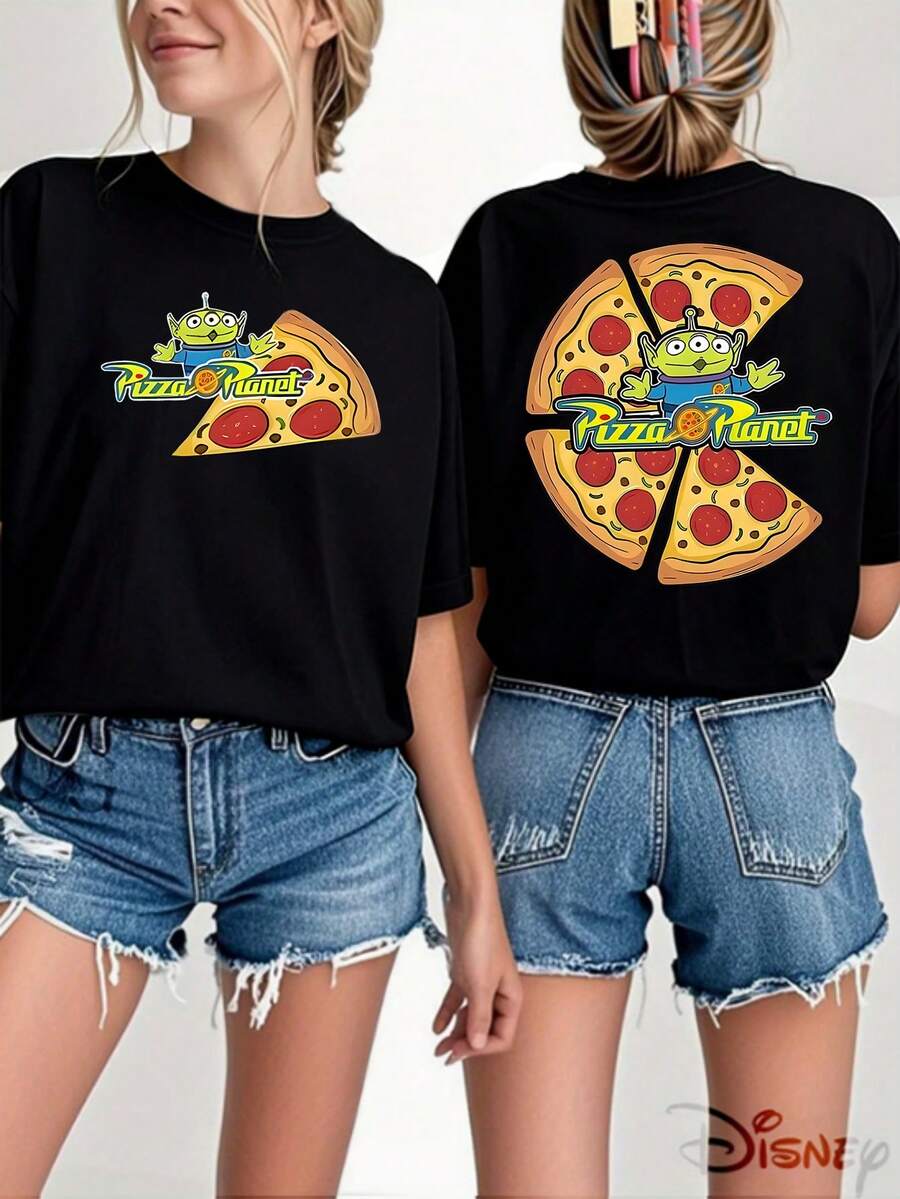 Disney Toy Story Three-Eyed Alien Pizza Planet Double-Sided Print, Disney Pizza-Themed Women'S T-Shirt, New Summer Top, Machine Washable, Made Of 100%, Perfect For Party Outfits - Black - View 1