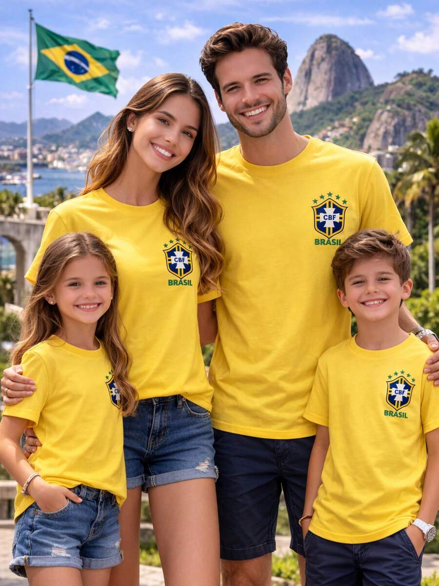Brazil T-Shirt, Blouse, World Cup Family, All Sizes, CBF Shield, Unisex, Celebration Of The Brazilian National Team, 100% Cotton, Elections, Patriotic - 黃色 - 查看 1