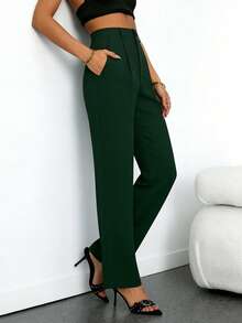 Pantalones rectos casuales con bolsillos y cremallera para mujer de talla pequeña, aptos para uso diario en primavera - Verde Oscuro - Ver 2