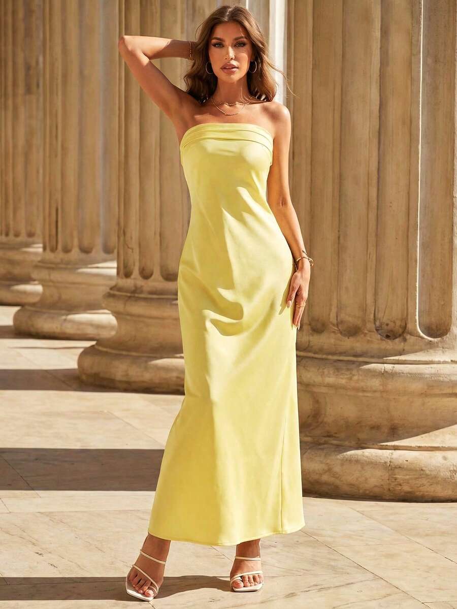 Women's Solid Color Minimalist Elegant Sleeveless Dress, Casual Everyday Wear Party Dress Wedding Guest Cocktail Dress Spring - Yellow - View 1