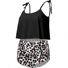 Ladies' Tankini Two-Piece Swimsuit High-Waisted Bikini Set With Tummy Control Bottoms And Ruffle Strap Tank Top - Đen + Họa tiết da báo - Xem 5