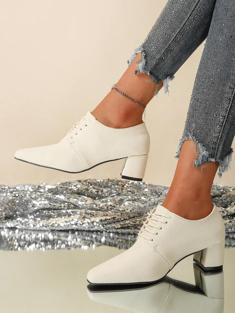 French Retro Square Toe Lace-Up Thick Heel Loafers, Spring New Casual Versatile British Style Leather Shoes For Women - Beige - View 1