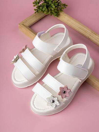 Girls' Hook And Loop Sandals With Floral Decor, Cute & Comfortable Summer New Arrival, Hot Selling Beach Shoes, Suitable For Toddlers' Daily, Beach, Party, And Vacation Outfits