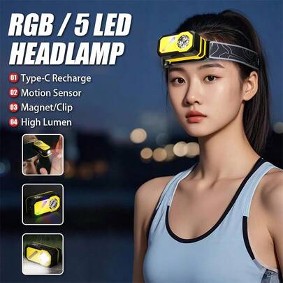 Helle Stirnlampe mit Clip, Sensor-Scheinwerfer mit mehreren Lichtquellen, wiederaufladbar mit Display, Multifunktion