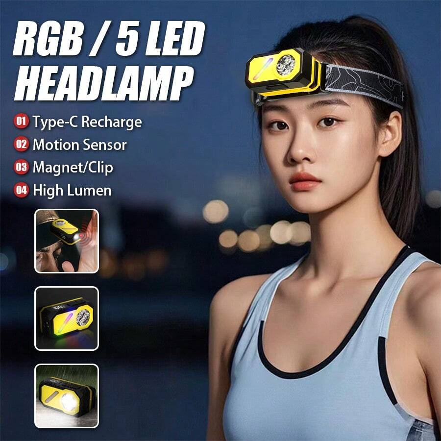 Linterna frontal brillante con clip, faro con sensor de múltiples fuentes de luz, recargable con pantalla, multifunción - lámpara de cabeza - Ver 1