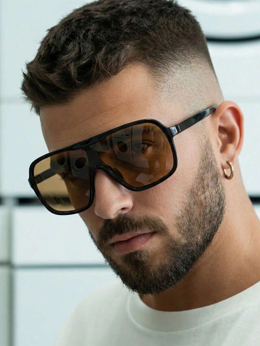 1 Cặp kính không gọng cỡ lớn dành cho nam, thích hợp cho đạp xe, đi biển, lễ hội âm nhạc, câu cá. - Những lát trà đen sáng màu - Xem 1